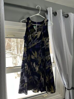 Sleeveless Navy Dress with Fern Print